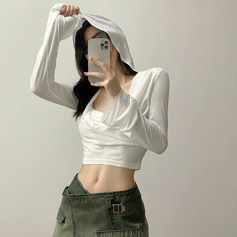 甜酷辣妹连帽薄款长袖白色T恤女夏季设计感小众运动短款防晒上衣