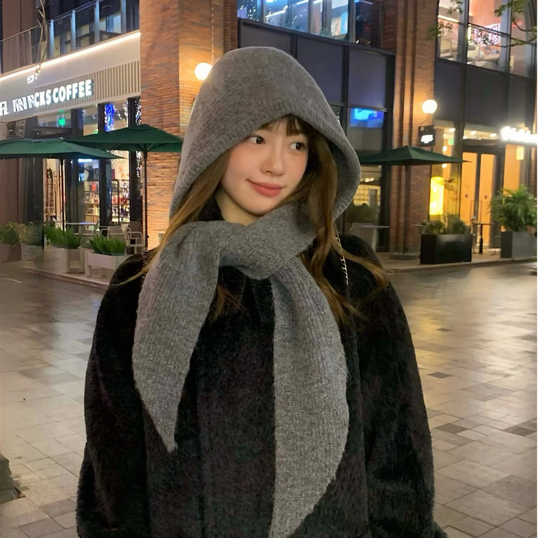 韩国新款针织帽子围巾一体保暖毛线帽女冬季加厚护耳巴拉克拉法帽