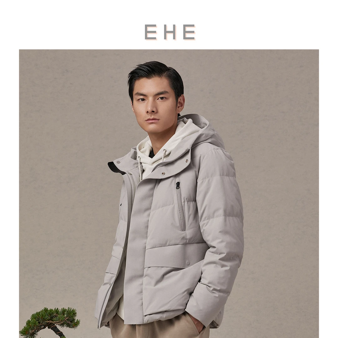 EHE男装 冬季90%白鸭绒无缝粘合磁吸扣连帽短羽绒服66113234014