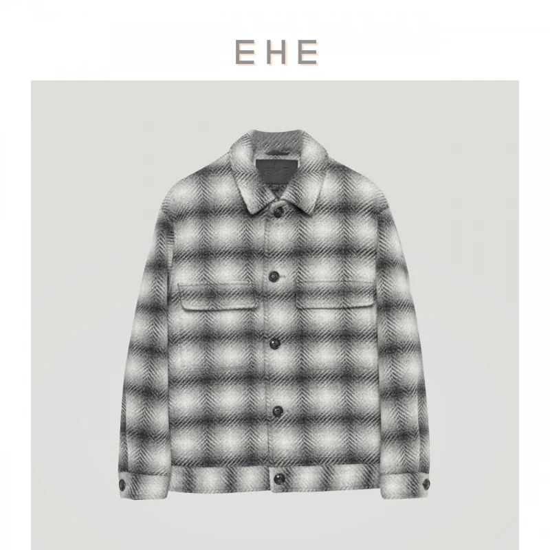 EHE男装 断码福利灰色格纹羊毛保暖复古休闲外套大衣66101214017