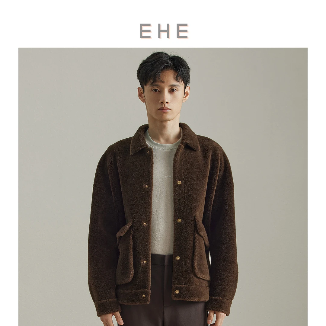 EHE男装 冬季新款棕色保暖皮毛一体绵羊毛简约外套66101224103