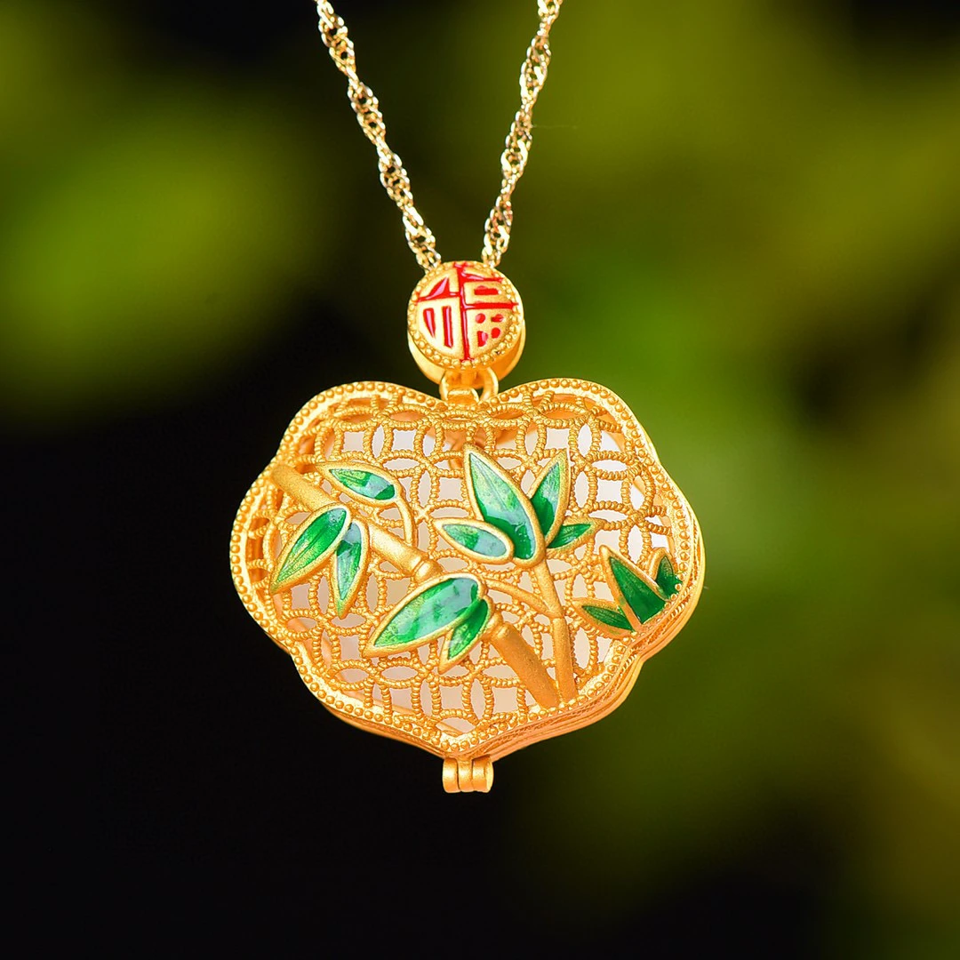 【颜如玉】s925古法银镶嵌和田玉吊坠香囊如意锁吊坠26987-6