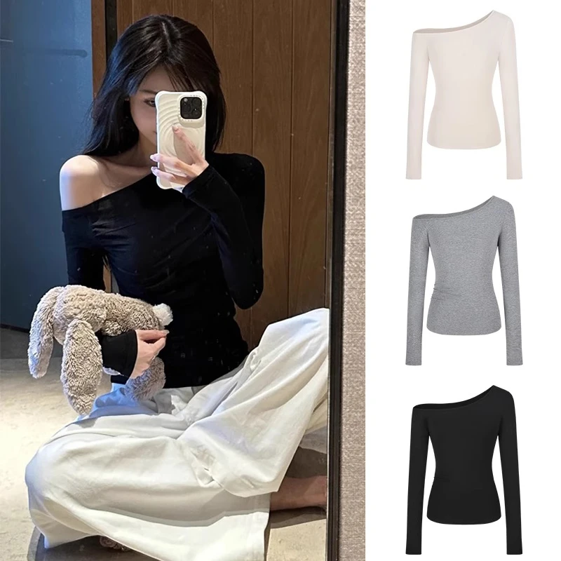 斜肩辣妹长袖T恤女ins不对称修身显瘦露肩上衣春秋收腰内搭打底衫