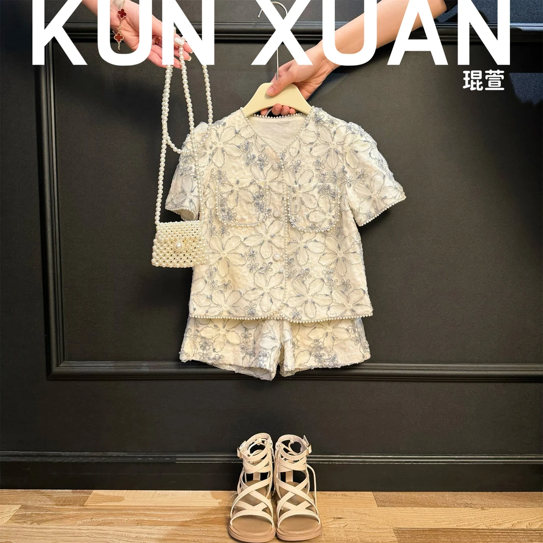【琨萱】“勿忘我”女童2024夏款重工盘绣亮片珠珠边套装 SU56T0107