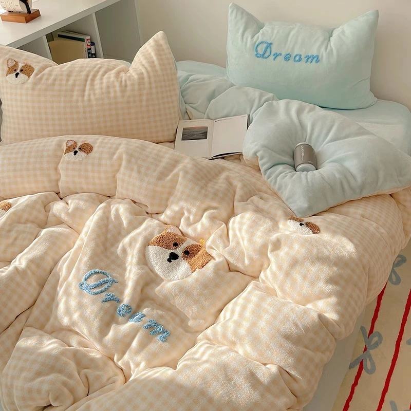 冬季婴儿牛奶绒床上四件套加厚加绒床品珊瑚法兰绒毛巾绣被套床单