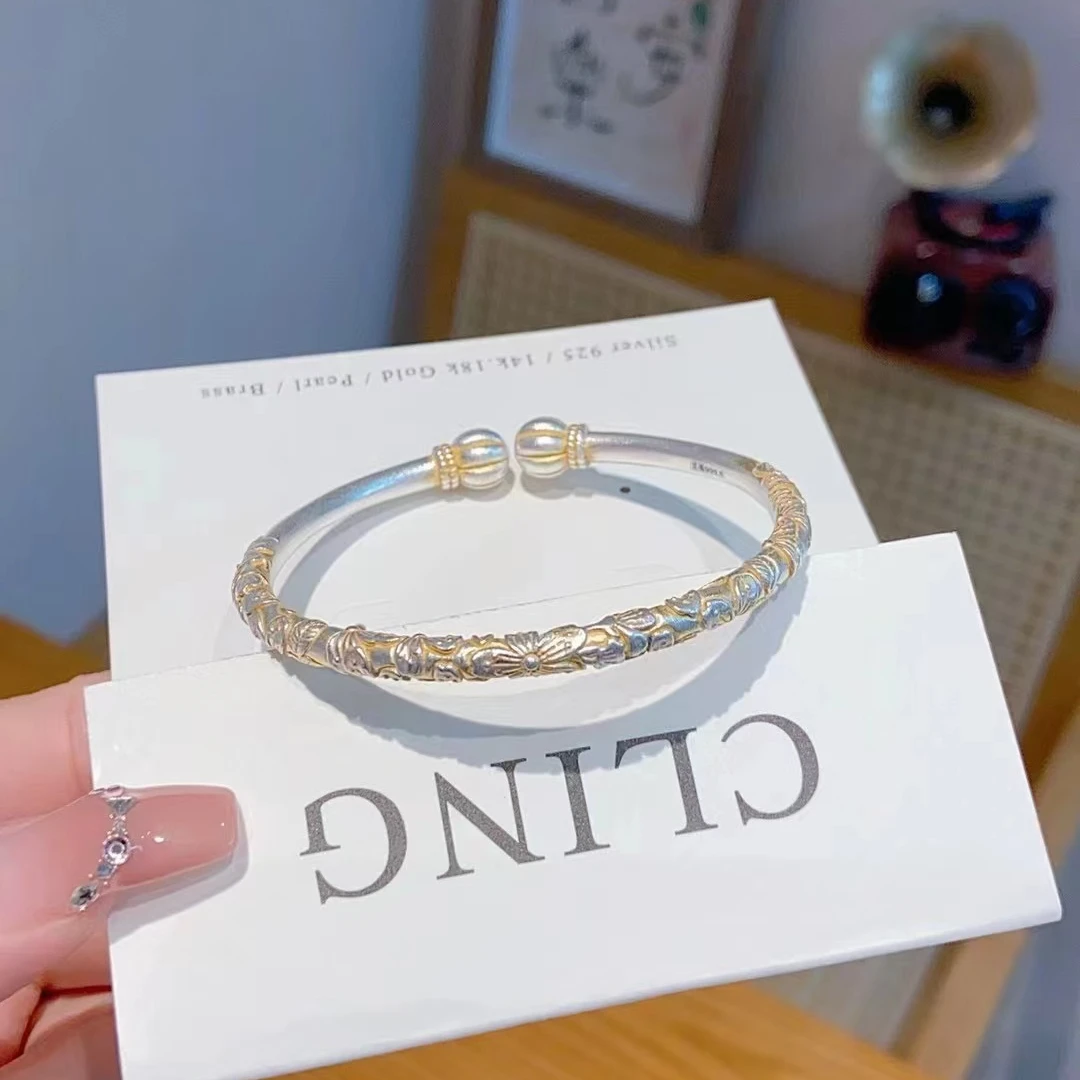 足银手镯 足银999.9时尚个性国风南瓜女款开口手镯