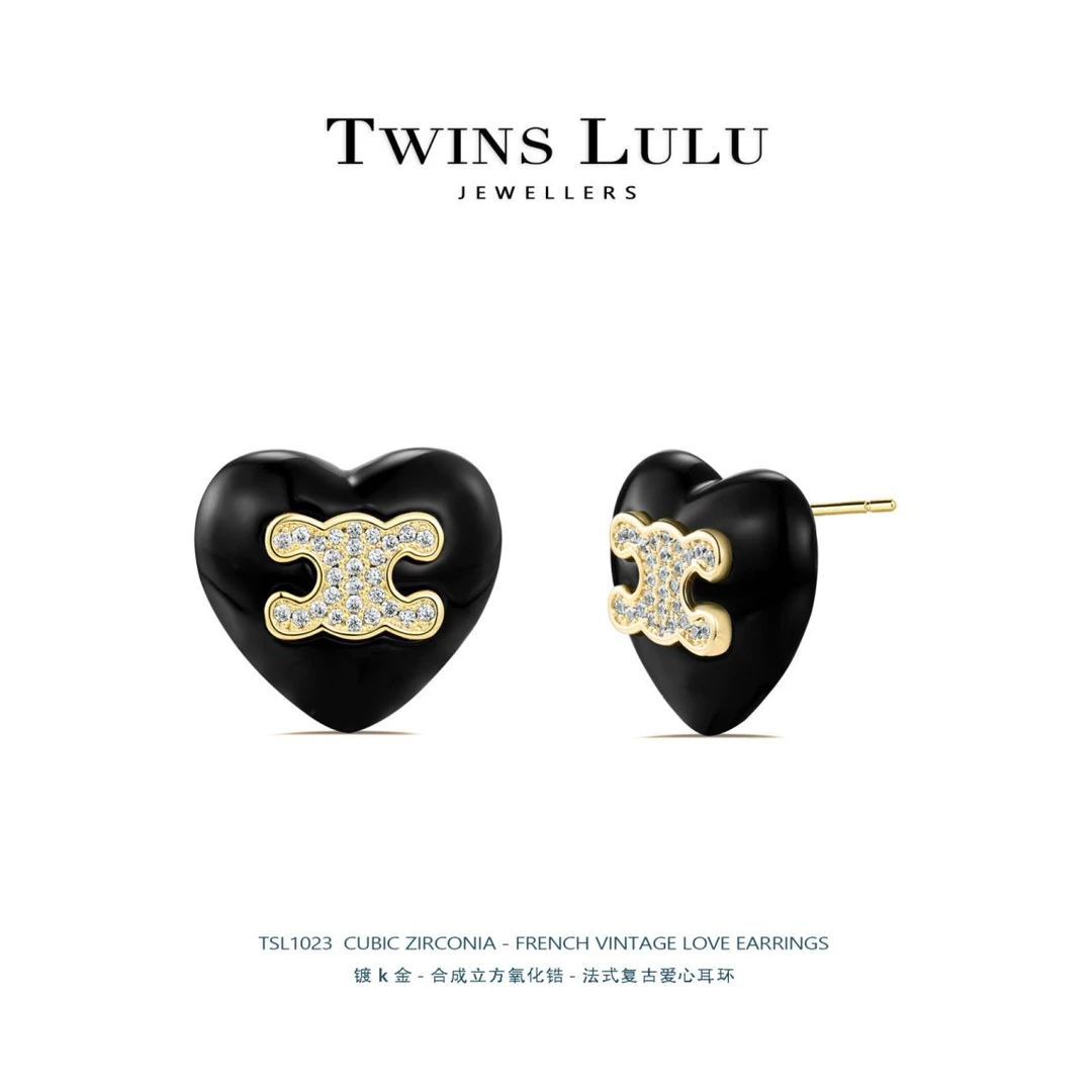 铜合金合成锆石耳饰 法式复古时尚感黑色爱心耳环TSL1023