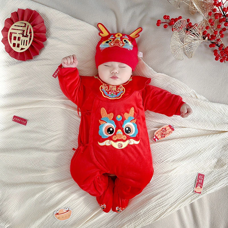 满月百天宝宝衣服秋冬男女百岁宴连体包脚新生婴儿喜庆红色中国风