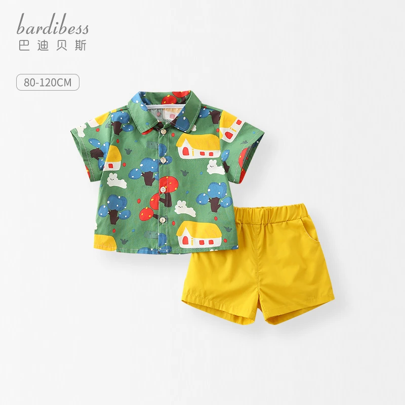 2024新款男童夏装套装小童满印花衬衫西装短裤男童夏季衣服两件套