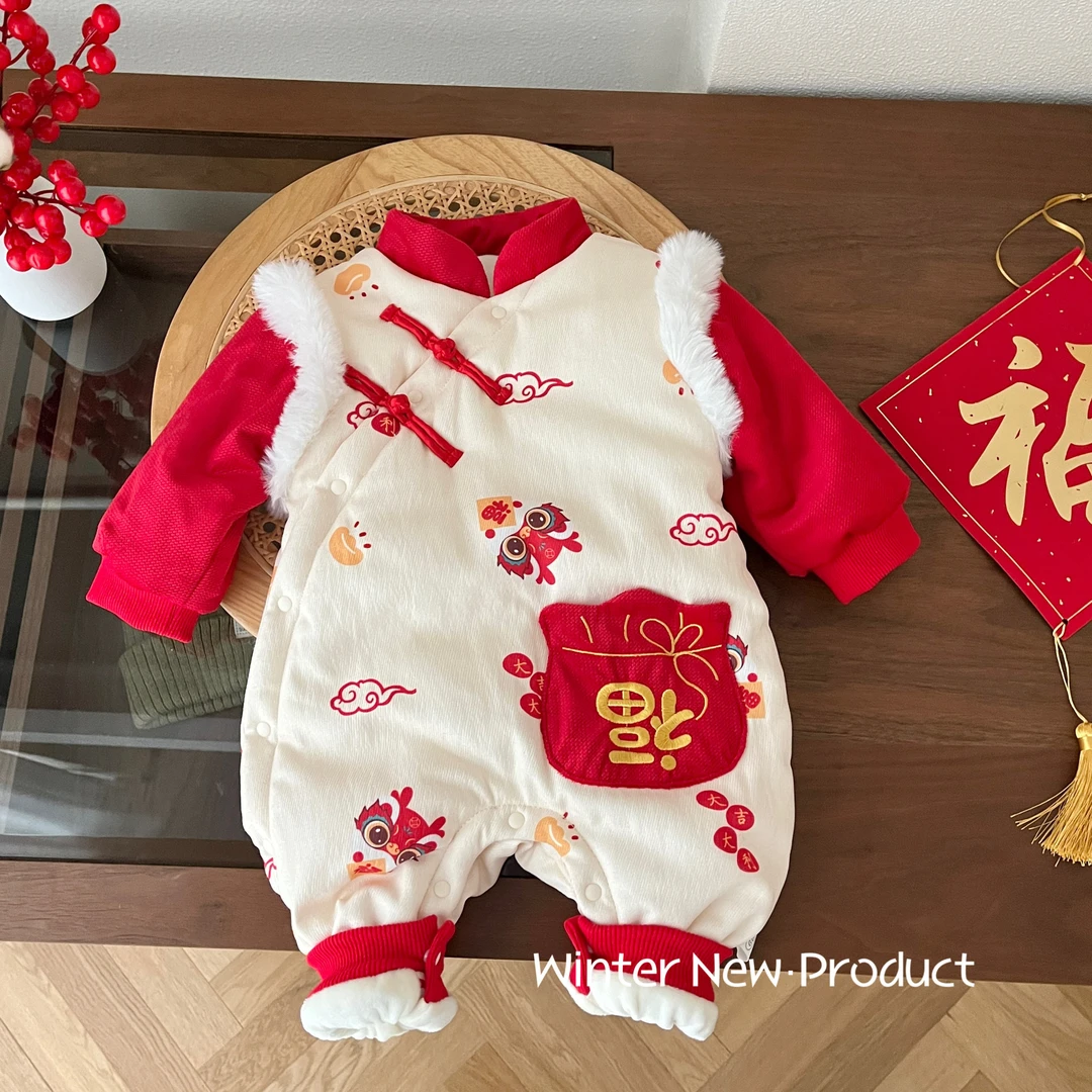 超萌婴儿服冬款外出加棉加厚中国风连身衣男女宝宝过年喜庆爬爬服