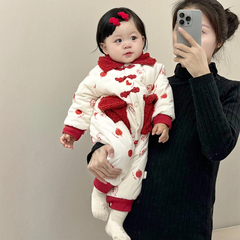 拜年服婴儿冬季抓周保暖礼服中国风连体衣喜庆满月龙年宝宝新年装