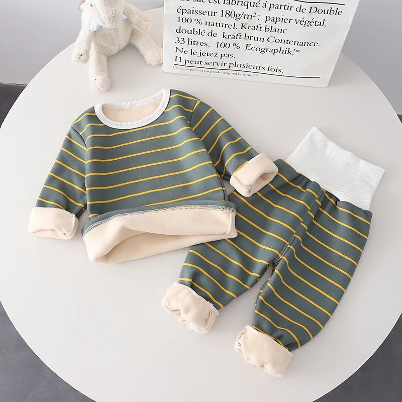 宝宝保暖衣套装小孩家居服加绒高腰护肚睡衣婴儿男童秋衣薄绒女童