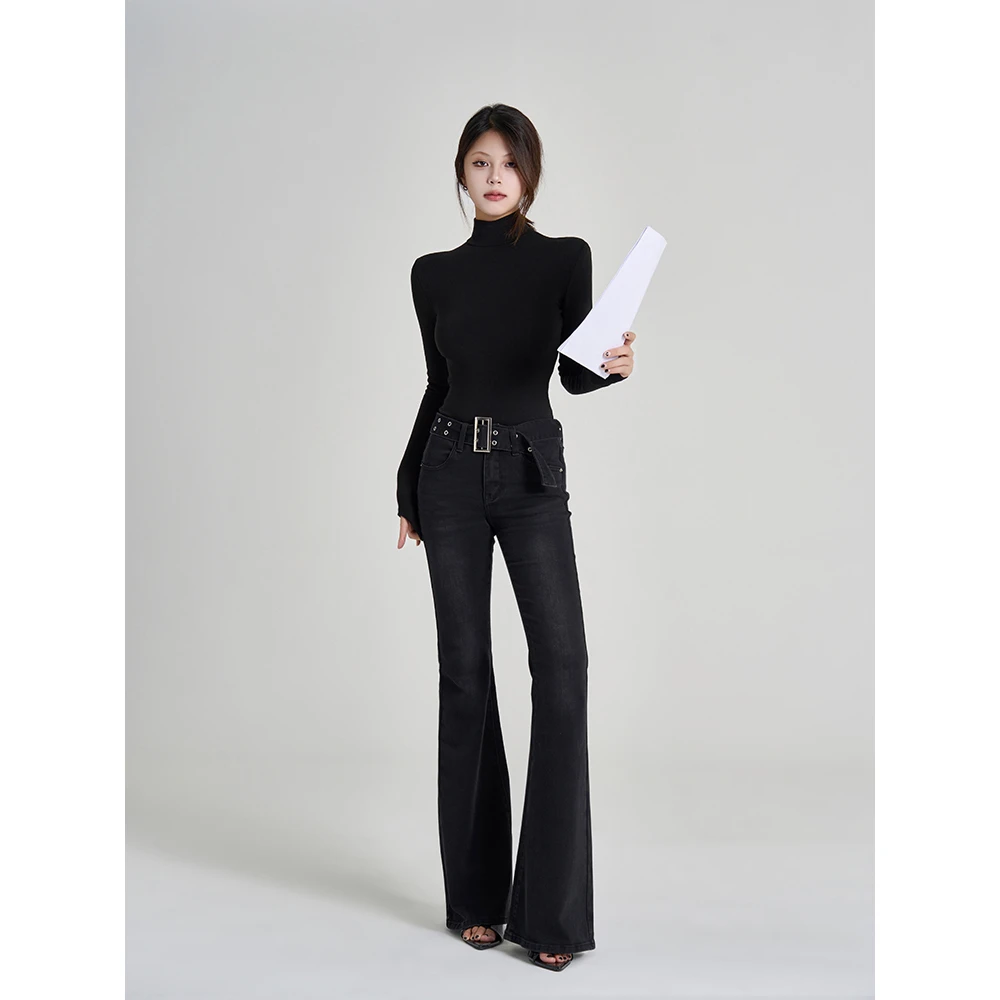 IFMR【黑灰腰带】辣妹气质显瘦黑色微喇时尚复古修身设计感女牛仔裤