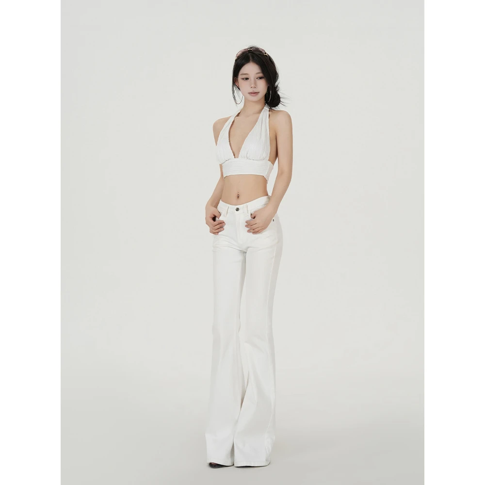 IFMR【白牛低腰】裤子女款爆款2025新款洋气减龄设计感微喇牛仔裤女