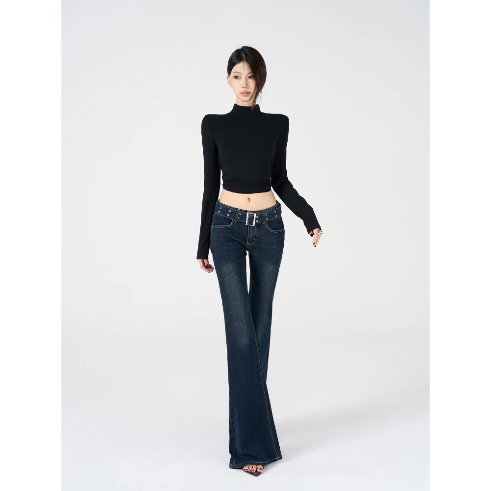 IFMR2025春夏季【蓝灰腰带】辣妹紧身微喇裤子复古修身设计感女牛仔