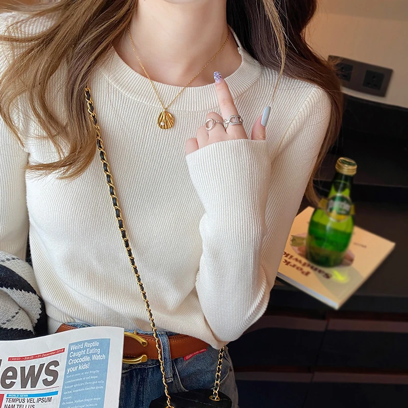 针织衫女2023新款秋冬西装内搭打底衫修身白色毛衣秋季套头