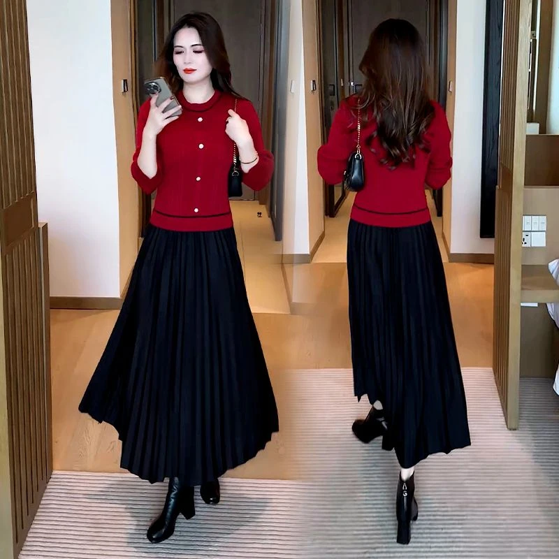 小香风针织连衣裙女2025春秋季新款时尚百搭高级质感假两件打底裙