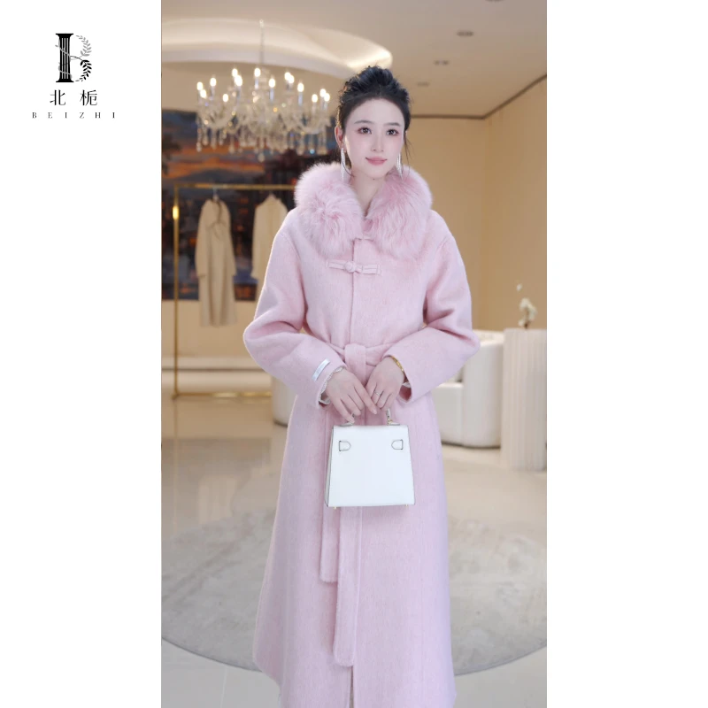 【北栀】狐狸毛盘扣腰带羊毛双面呢大衣812952