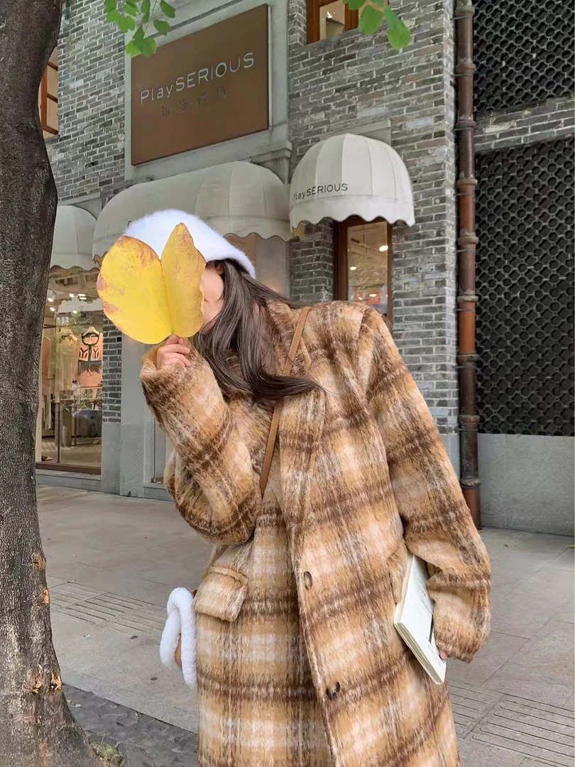 超好看韩版大衣女2024格子温柔风高级感长款加厚时尚冬季毛呢外套