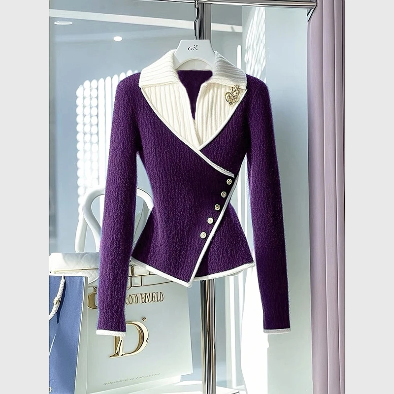 冬季2024年新款流行高级感超好看设计感小香风紫色假两件针织毛衣