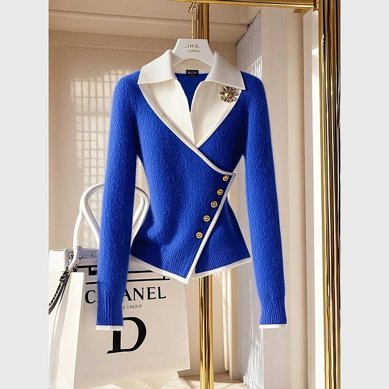 冬季2024洋气独特别致针织衫慵懒高级感超好看克莱因蓝假两件毛衣