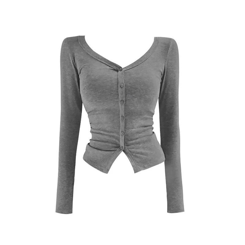 设计感纽扣V领长袖T恤女秋冬新款时尚洋气修身显瘦纯色简约上衣潮