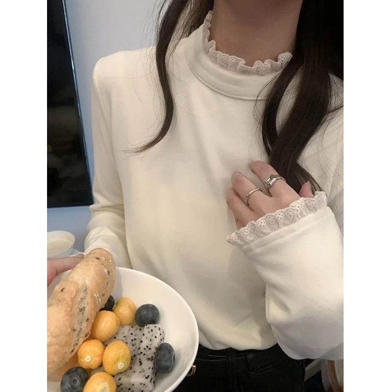 半高领蕾丝花边长袖t恤女秋冬新款时尚洋气德绒修身显瘦百搭上衣