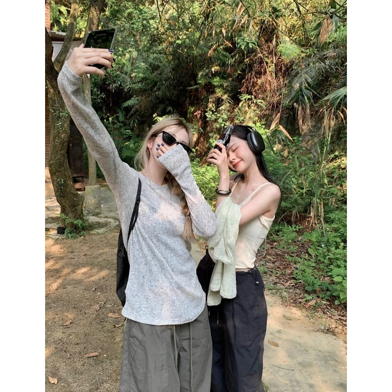 宽松慵懒风防晒长袖罩衫女秋季新款圆领宽松显瘦纯色简约百搭上衣