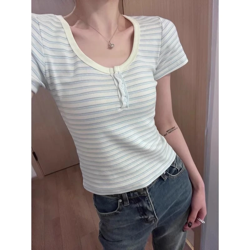 半开领蓝白撞色条纹短袖t恤女夏季新款修身显瘦洋气百搭短款上衣