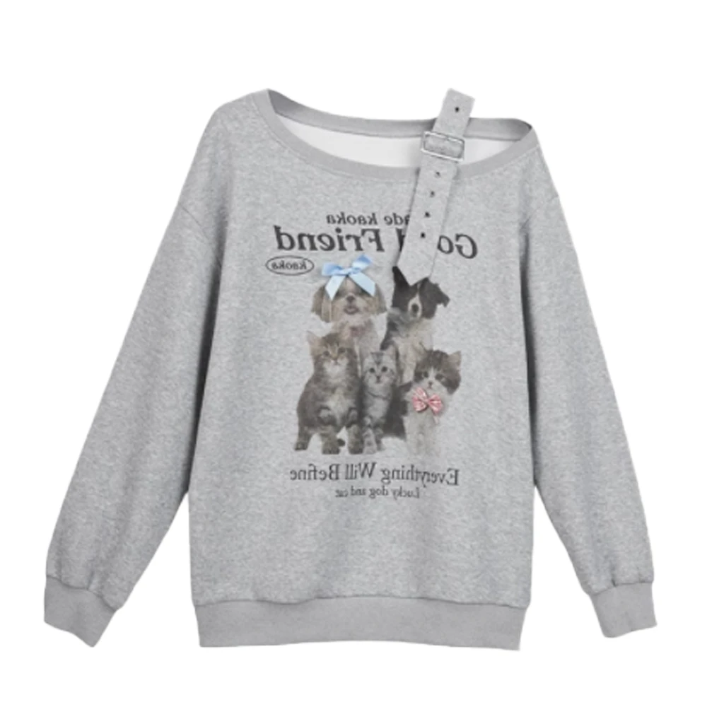 设计感斜肩长袖卫衣女秋冬新款薄款宽松显瘦休闲外穿百搭露肩上衣