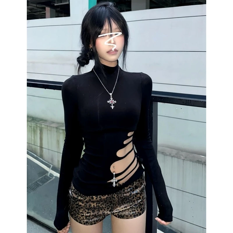 镂空百搭修身显瘦时尚T恤女秋冬季新款高领正肩长袖辣妹黑色上衣