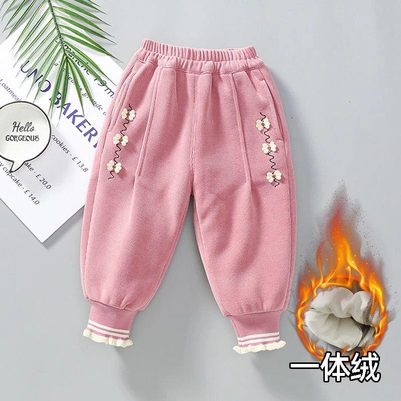 女童加绒休闲裤秋冬季一体绒女宝宝花朵加厚卫裤婴儿裤子外穿冬款