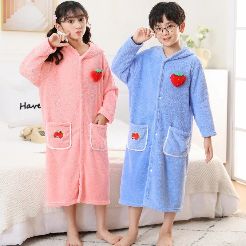 「元吉」吸水速干长袖儿童浴袍加厚带帽斗篷浴衣浴巾男女珊瑚绒睡袍