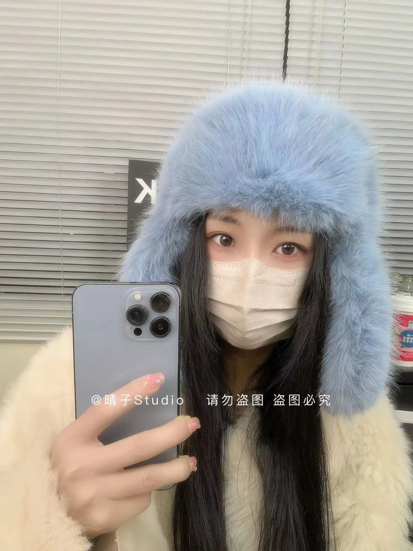 晴子Studio~冬日氛围感！东北长毛环保P草护耳雷锋帽骑车保暖帽子