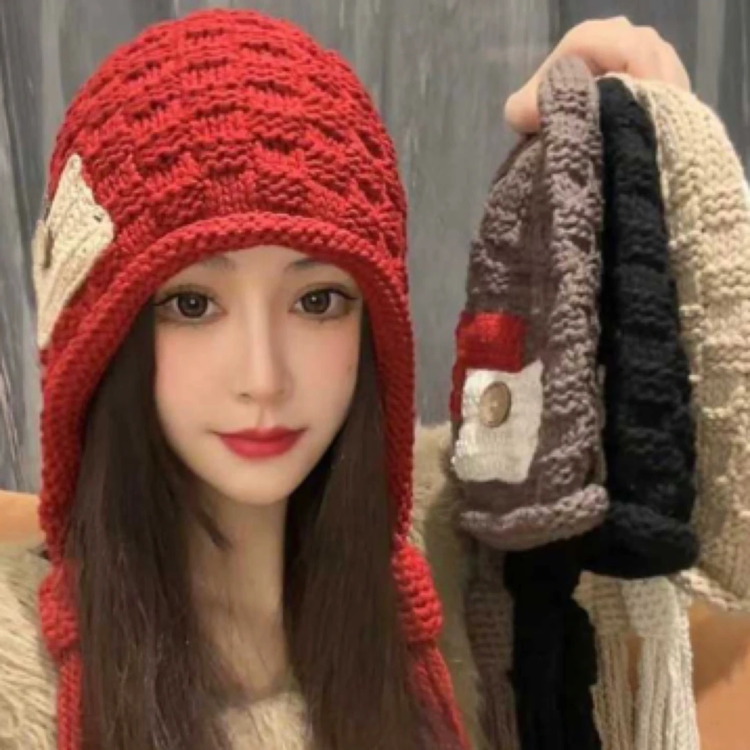 新款流苏红色毛线帽女秋冬手工编织保暖护耳帽针织时尚百搭帽子