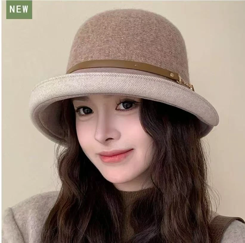 秋冬帽子女新款皮带扣羊毛渔夫帽日系圆顶小帽檐礼帽显脸小盆帽