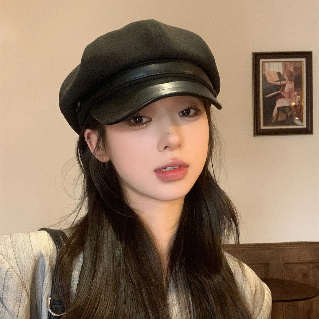 八角帽冬季弯檐春季平檐森系帽子网红鸭舌帽时尚春秋百搭黑色复古