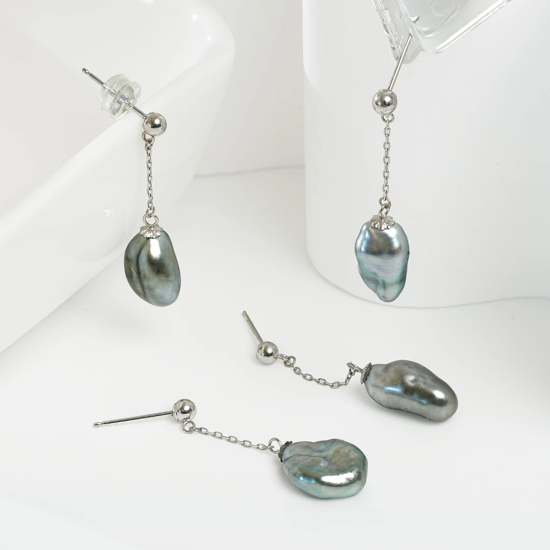 天然大溪地keshi珍珠耳饰18K金风在吹灵动百搭长款（多样性发1对