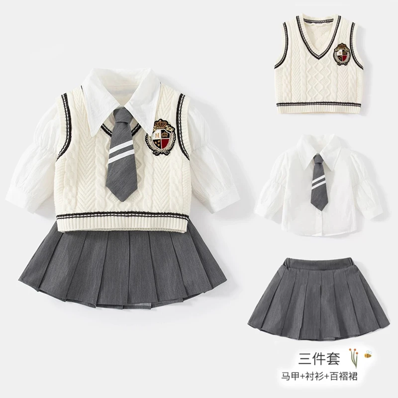 女童春秋百褶裙子套装新款JK韩版儿童学院风三件套洋气幼儿园校服