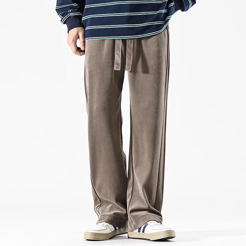 秋冬加绒裤子男宽松直筒运动裤卫裤美式潮流百搭大码雪尼尔休闲裤