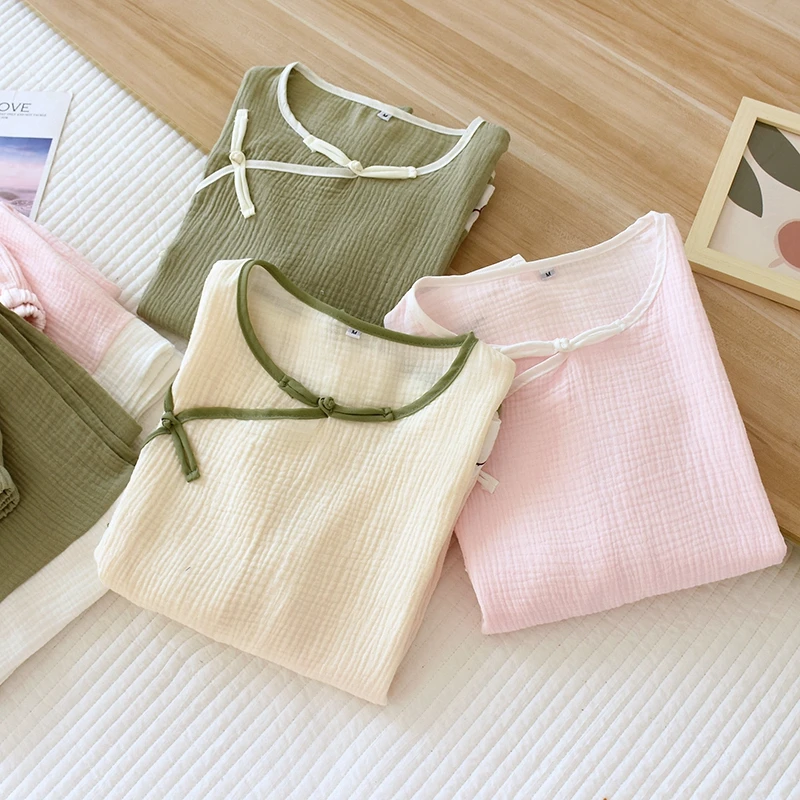 古风睡衣女春秋纯棉双层纱布绉布简约纯色中国风长袖长裤家居服套