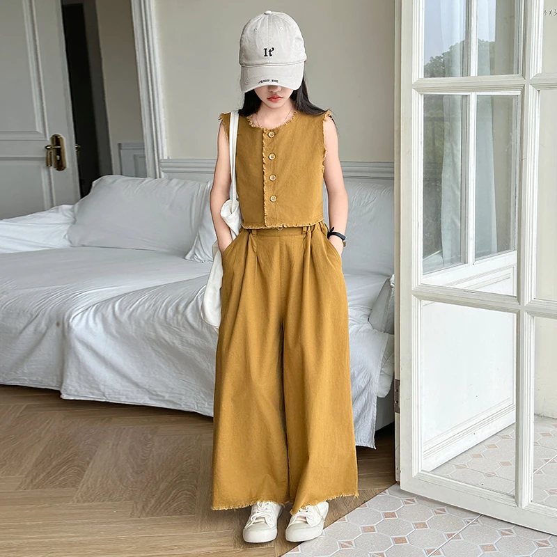 女童韩系时髦纯色套装2024夏装新款时尚毛边无袖背心阔腿裤两件套