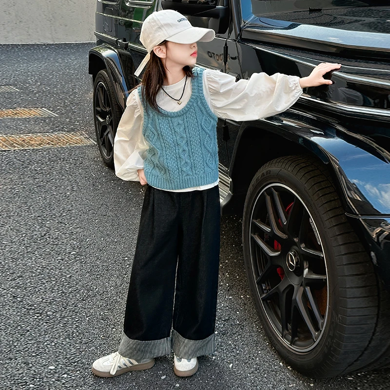 女童春秋套装2025新款女大童洋气时髦马甲女孩泡泡长袖衬衫三件套