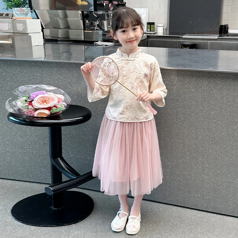 女童夏装古风短袖套装大儿童新中式中国风套裙复古民国风汉服唐装