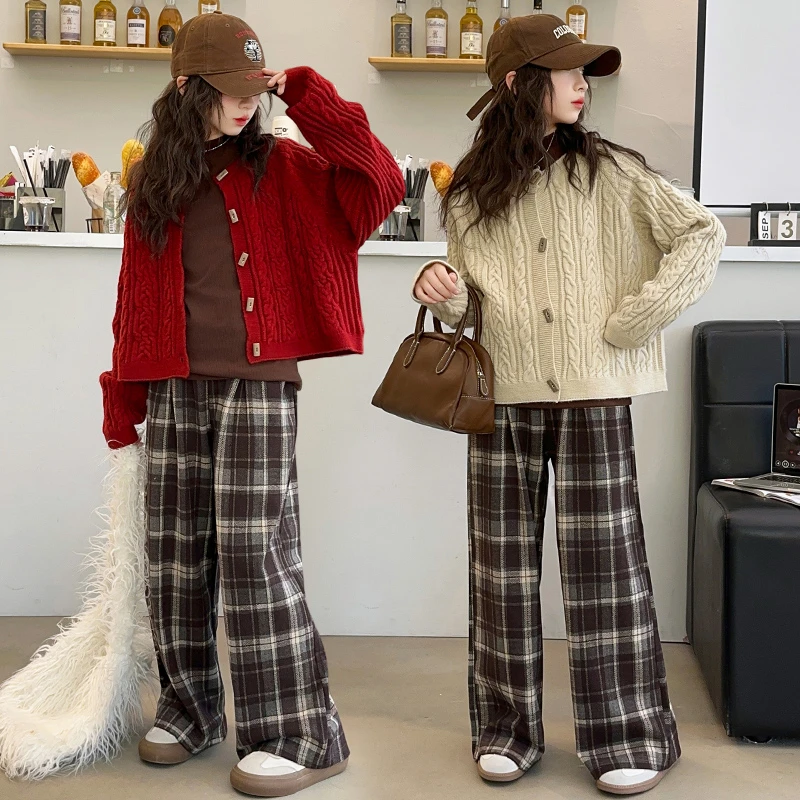 女童针织开衫套装2024新款韩版洋气毛线衣外套半高领打底衫春秋装