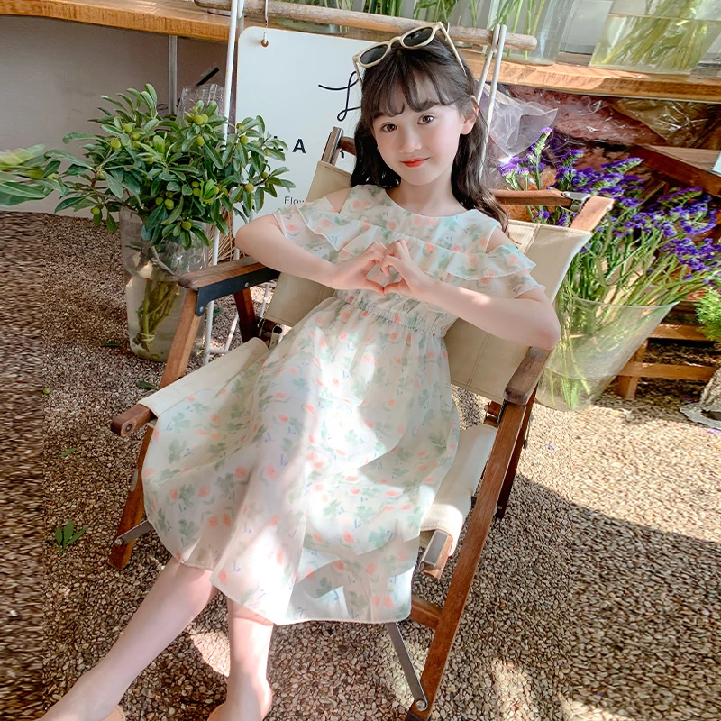 女童夏季露肩连衣裙2024新款中大童洋气甜美公主裙儿童碎花裙子潮