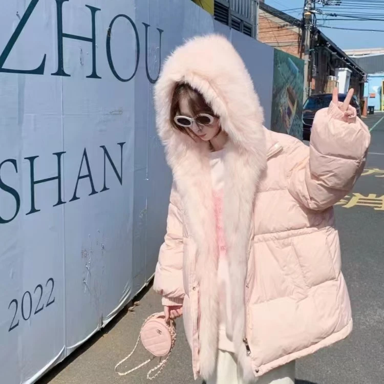 大狐狸连帽90羽绒服2023新白鸭绒时尚百搭保暖带收腰宽松外套