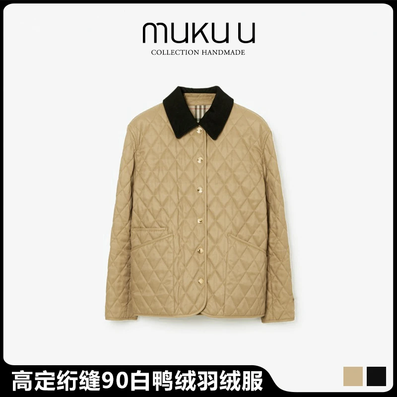 高定版~经典传承菱形格纹绗缝灯芯绒翻领白鸭绒羽绒服外套