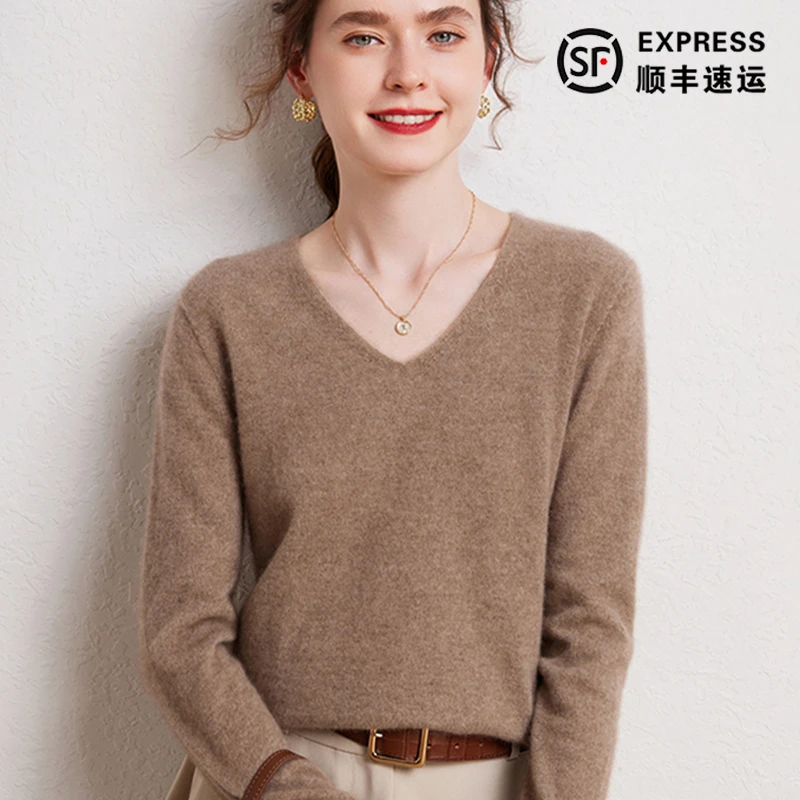 【基础款V领】  一线成衣纯山羊绒12针 宽松韩版纯色打底衫