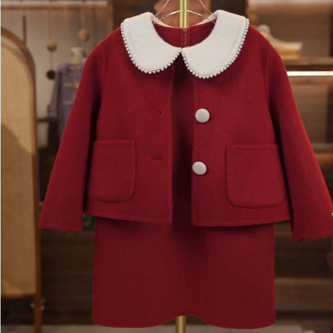 纯手工儿童冬季大衣绵羊毛毛呢套装女童秋冬宝宝拜年服 DY231216